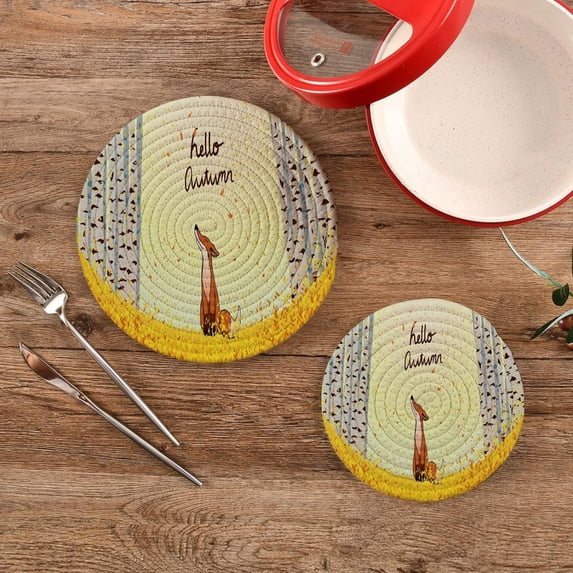 SKYSONIC Hello Autumn Landscape Trivet Round Hot Pads, Set of 2 Fall Fox Pot Holder Heat Resistant Trivets Cotton Thread Weave Mats for Kitchen Counter Hot Dishes Pot Teapot Table Decor