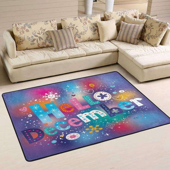 SKYSONIC Hello December Non-Slip Area Rug, Happy Winter Floor Carpet Comfort Floor Mats Decor for Indoor Front Porch Living Room Bedroom Kitchen, 36"x24"