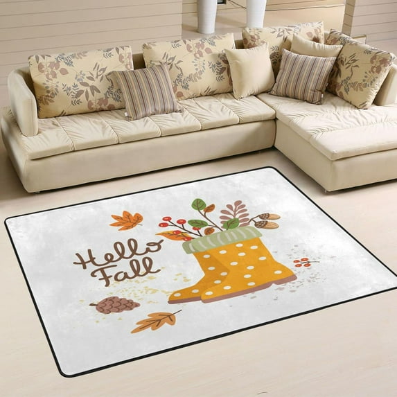 SKYSONIC Hello Fall Area Rug,72x48in Yellow Boot Maple Non-Slip Floor Carpet Comfort Floor Mats Decor for Indoor Living Dining Room and Bedroom Area