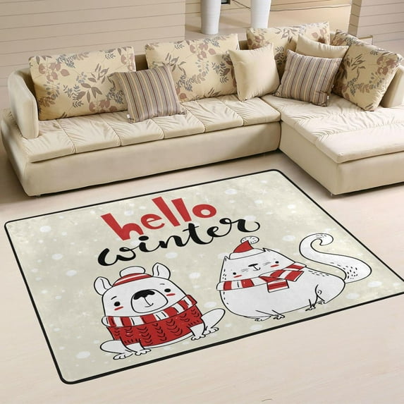 SKYSONIC Hello Winter Animal Non-Slip Area Rug, Merry Christmas Floor Carpet Comfort Floor Mats Decor for Indoor Front Porch Living Room Bedroom Kitchen, 36"x24"