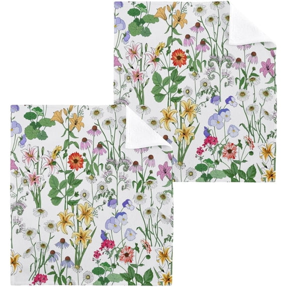 SKYSONIC Herb Wildflower Washcloths Set of 2, Highly Absorbent Soft Cotton Fingertip Towels for Bathroom, Kitchen, Gym, Spa, Home Decor 12 x 12 Inch