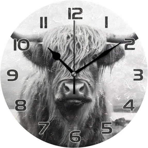 SKYSONIC Highland Cow Clock Silent Round Wall Clock Non Ticking Battery Device Clocks Creative Decoration Wall Clock for Living Room Bedroom Office Kitchen