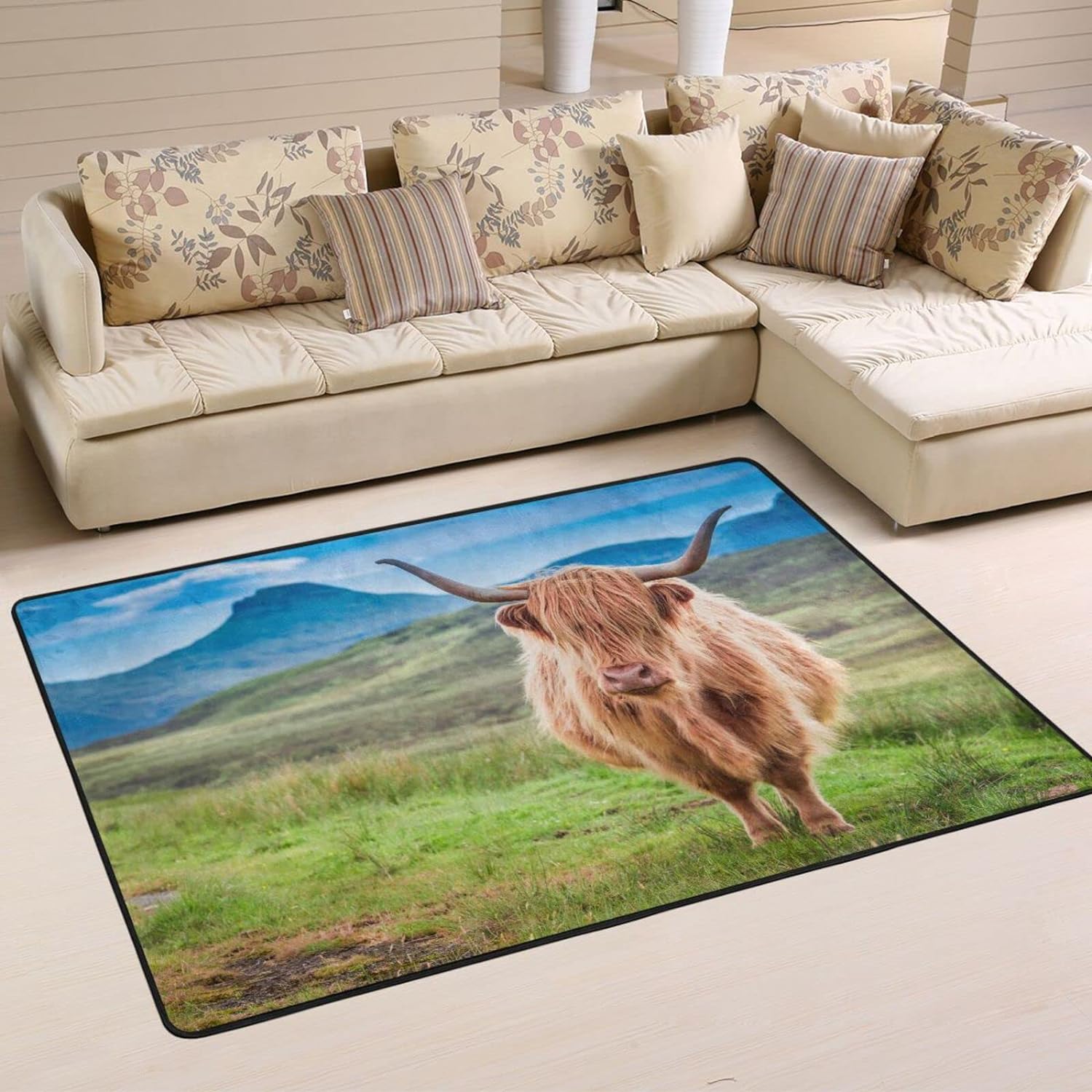 SKYSONIC Highland Cow Meadow Non-Slip Area Rug, Cute Animal Cattle ...