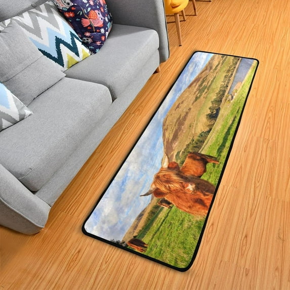 SKYSONIC Highland Cow Meadow Runner Rug, 2'¡Á6' with Rubber Backing Scottish Grassland Animal Non Slip Entryway Rug Runner Washable Soft Area Rug Carpet for Hallway Bedroom Kitchen Decor