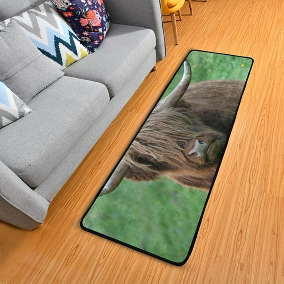 SKYSONIC Highland Cow Runner Rug, 2' x 6' Non Slip with Rubber Backing Green Grass Washable Soft Area Rug Carpet Entryway Rug Runner for Hallway Bedroom Kitchen Decor