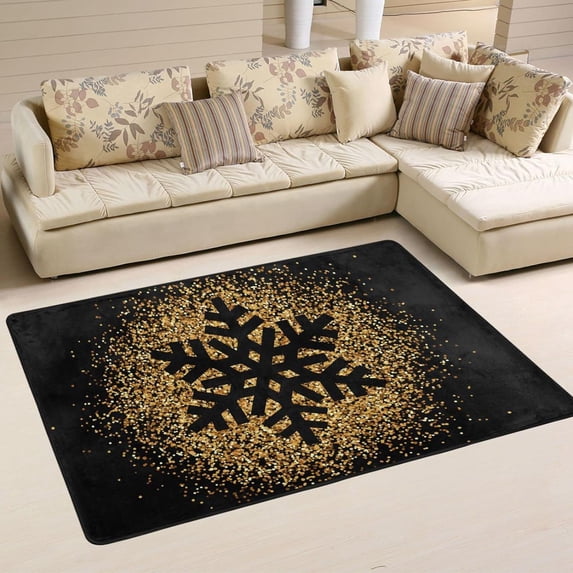 SKYSONIC Huge Golden Snowflake Non-Slip Area Rug, Merry Christmas Floor Carpet Comfort Floor Mats Decor for Indoor Front Porch Living Room Bedroom Kitchen, 36"x24"