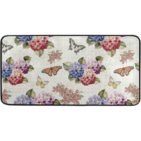 SKYSONIC Hydrangea Flower Butterfly Kitchen Mats Washable Long Floor Runner Rug Non-Slip Fatigue Area Rugs Absorbent Doormat Cushioned for Farmhouse Home Bath Indoor Outdoor Decor 39x20 in