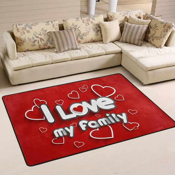 SKYSONIC I Love My Family Non-Slip Area Rug, Red Heart Floor Carpet Comfort Floor Mats Decor for Indoor Front Porch,Living Room, Bedroom,Kitchen,72"x48"