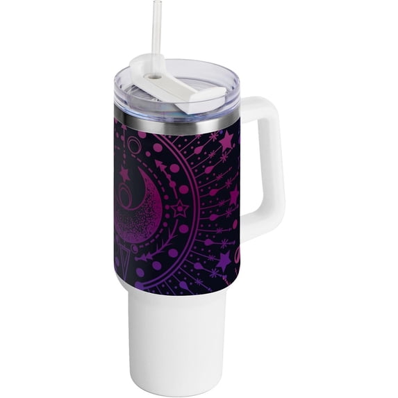 SKYSONIC Insulated Tumblers with Lids and Straws Handles 40oz Water Bottle Boho Constellation Zodiac Purple Travel Mug Reusable Stainless Steel Thermos Vacuum