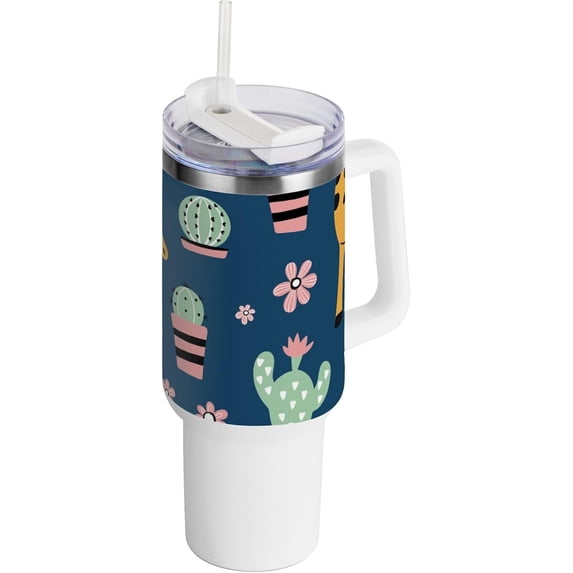 SKYSONIC Insulated Tumblers with Lids and Straws Handles 40oz Water Bottle Cute Giraffee and Cactus Travel Mug Reusable Stainless Steel Thermos Vacuum