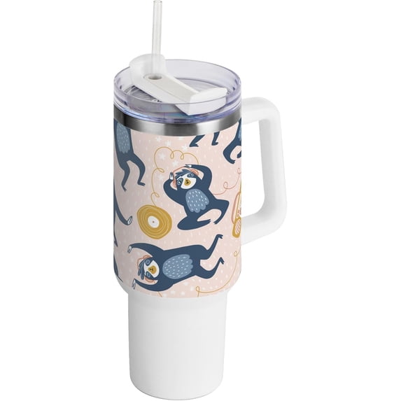 SKYSONIC Insulated Tumblers with Lids and Straws Handles 40oz Water Bottle Cute Sloth Music Dancing Travel Mug Reusable Stainless Steel Thermos Vacuum