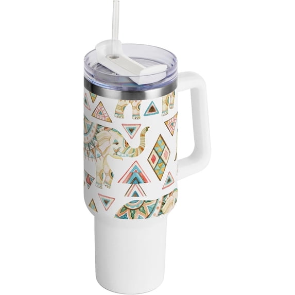 SKYSONIC Insulated Tumblers with Lids and Straws Handles 40oz Water Bottle Indian Elephant with Tribal Travel Mug Reusable Stainless Steel Thermos Vacuum