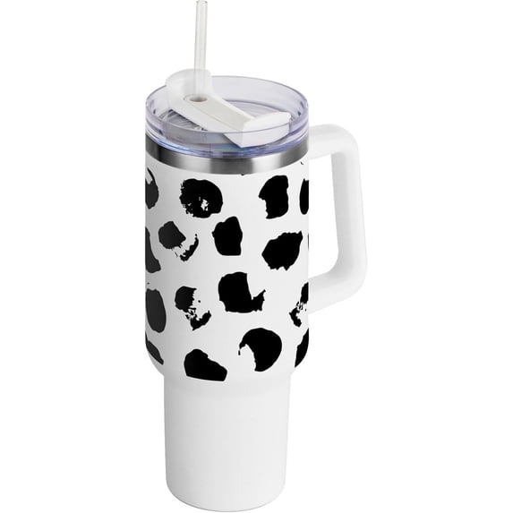 SKYSONIC Insulated Tumblers with Lids and Straws Handles 40oz Water Bottle Black and White Dots Travel Mug Reusable Stainless Steel Thermos Vacuum