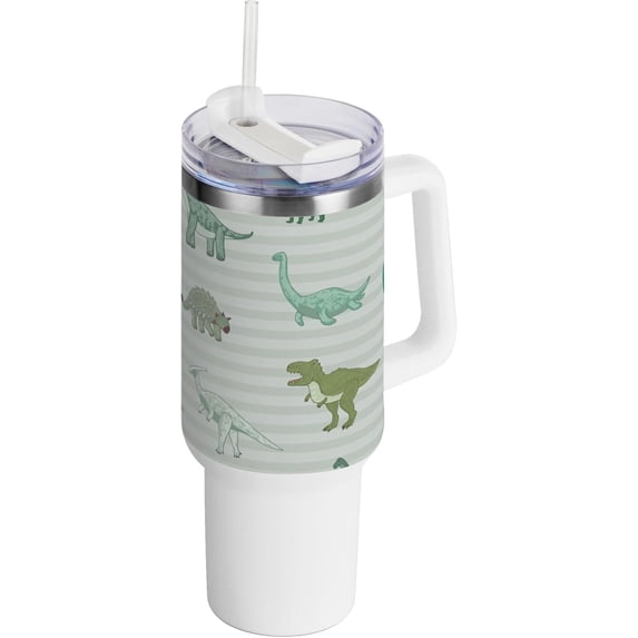 SKYSONIC Insulated Tumblers with Lids and Straws Handles 40oz Water Bottle Dinosaur Doodle Striped Travel Mug Reusable Stainless Steel Thermos Vacuum