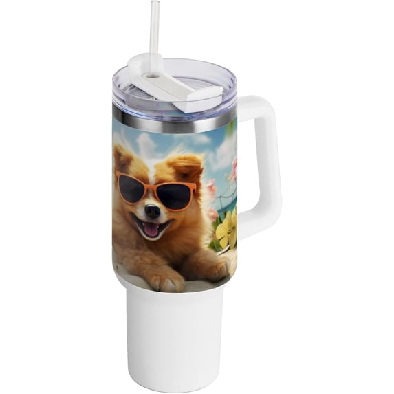 SKYSONIC Insulated Tumblers with Lids and Straws Handles 40oz Water Bottle Dog Summer 1 Travel Mug Reusable Stainless Steel Thermos Vacuum