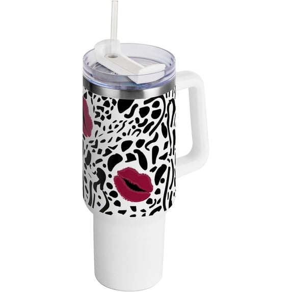 SKYSONIC Insulated Tumblers with Lids and Straws Handles 40oz Water Bottle Lips and Leopard Spots Travel Mug Reusable Stainless Steel Thermos Vacuum