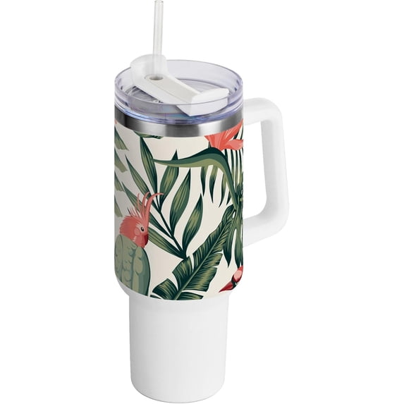 SKYSONIC Insulated Tumblers with Lids and Straws Handles 40oz Water Bottle Parrot Palm Leaf Travel Mug Reusable Stainless Steel Thermos Vacuum