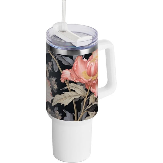SKYSONIC Insulated Tumblers with Lids and Straws Handles 40oz Water Bottle Peonies Travel Mug Reusable Stainless Steel Thermos Vacuum