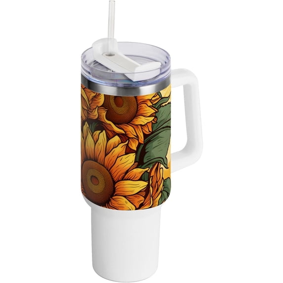 SKYSONIC Insulated Tumblers with Lids and Straws Handles 40oz Water Bottle Sunflower 5 Travel Mug Reusable Stainless Steel Thermos Vacuum