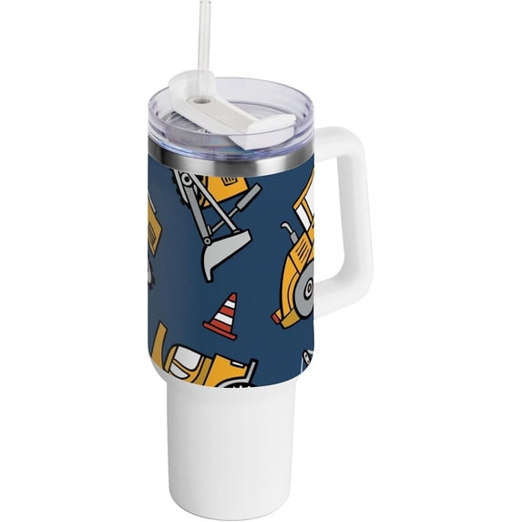SKYSONIC Insulated Tumblers with Lids and Straws Handles 40oz Water Bottle Trucks Bulldozers Travel Mug Reusable Stainless Steel Thermos Vacuum