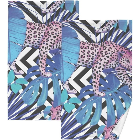 SKYSONIC Jungle Leopard Geometric Patterned Hand Towels 2 PCS, Cotton Bath Towel for Drying Face Hands Body ,Absorbent Lightweight Towels for Bathroom Ktichen Travel Gym, 16"x28"