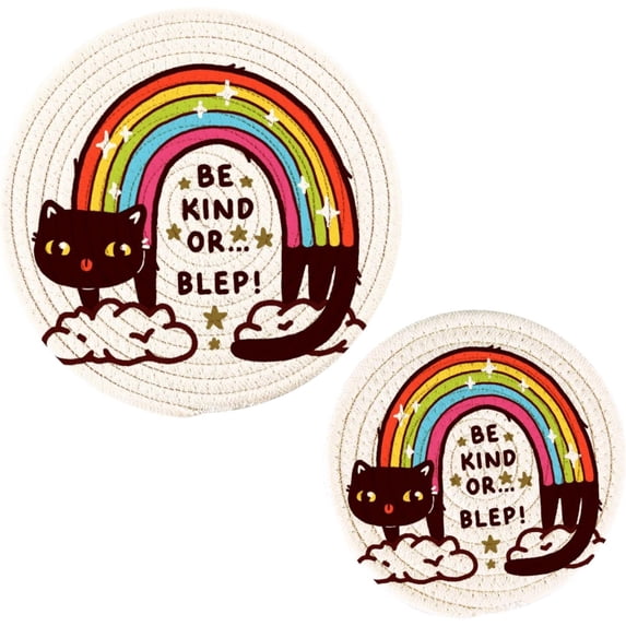 SKYSONIC Kawaii Rainbow Cat Pot Holders Trivets, 2 Pcs Heat Resistant Trivets,Funny Kitten Quotes Cotton Thread Weave Mats for Hot Pads Pans Pot Bowl Teapot for Kitchen Decor