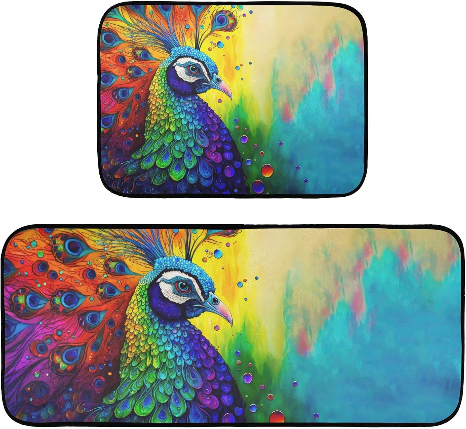 SKYSONIC Kitchen Mats 2 Pieces set Peacock Painting Print, Anti Skid