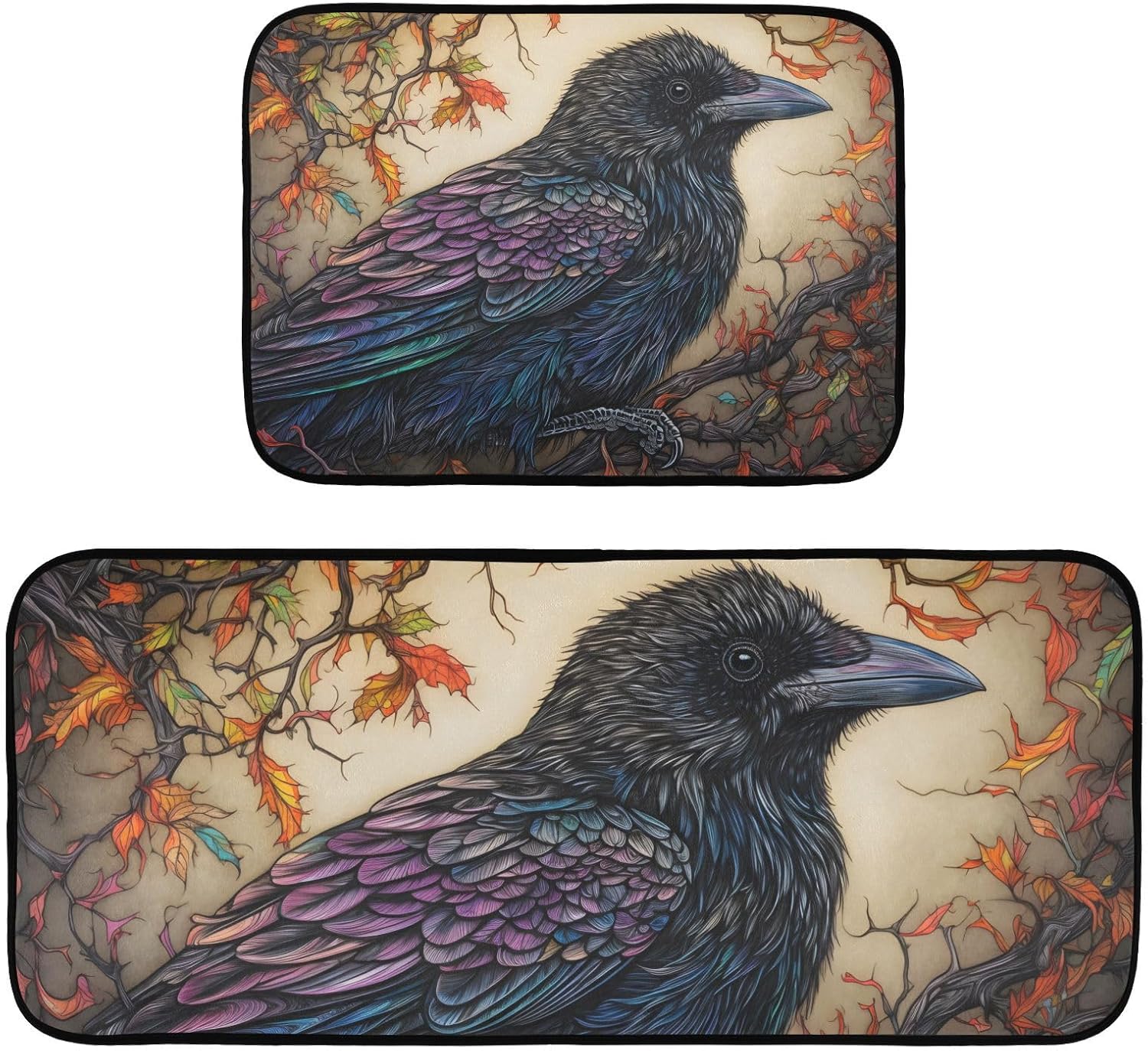 SKYSONIC Kitchen Mats Set 2 Piece Gothic Crow Leaves Print, Low Pile