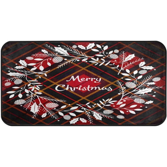 SKYSONIC Kitchen Rugs,Christmas Tartan Plaid Non Slip Washable Cushioned Carpets Polyester AntiFatigue Comfort Porch Floor Mat Doormat Christmas Decoration 39×20 in