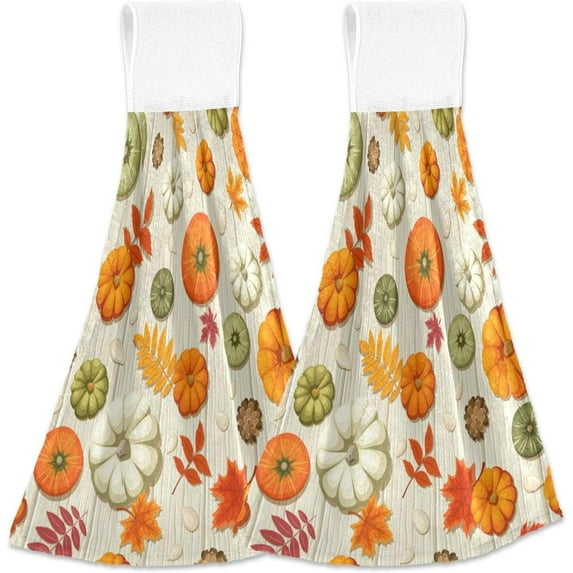 SKYSONIC Kitchen Towels with Hanging Loop, Colorful Pumpkins Autumn Leaves On Wooden Dish Towels for Kitchen, Absorbent Kitchen Hand Towels 2 Piece Sets, 12"x17"