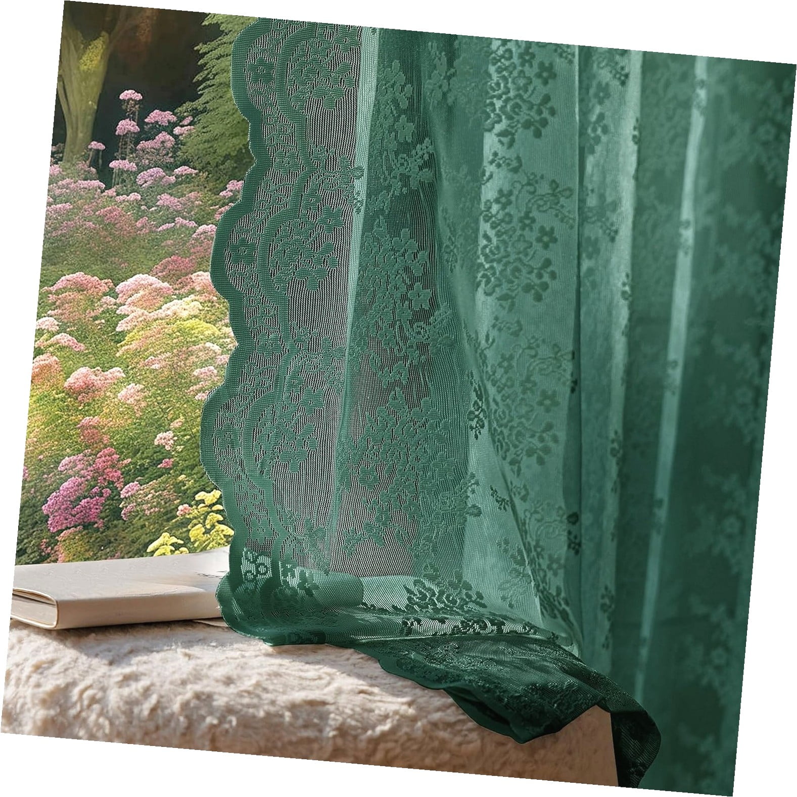 SKYSONIC Lace Curtains 90 Inches Long 2 Panels Romantic Semi Sheer