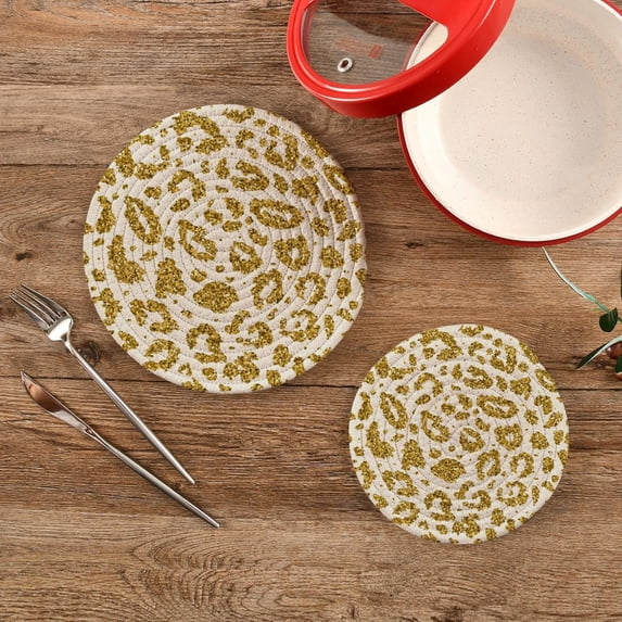 SKYSONIC Leopard Golden Pot Holders Trivets, 2 Pcs Heat Resistant Trivets,Skin Print Cotton Thread Weave Mats for Hot Pads Pans Pot Bowl Teapot for Kitchen Decor