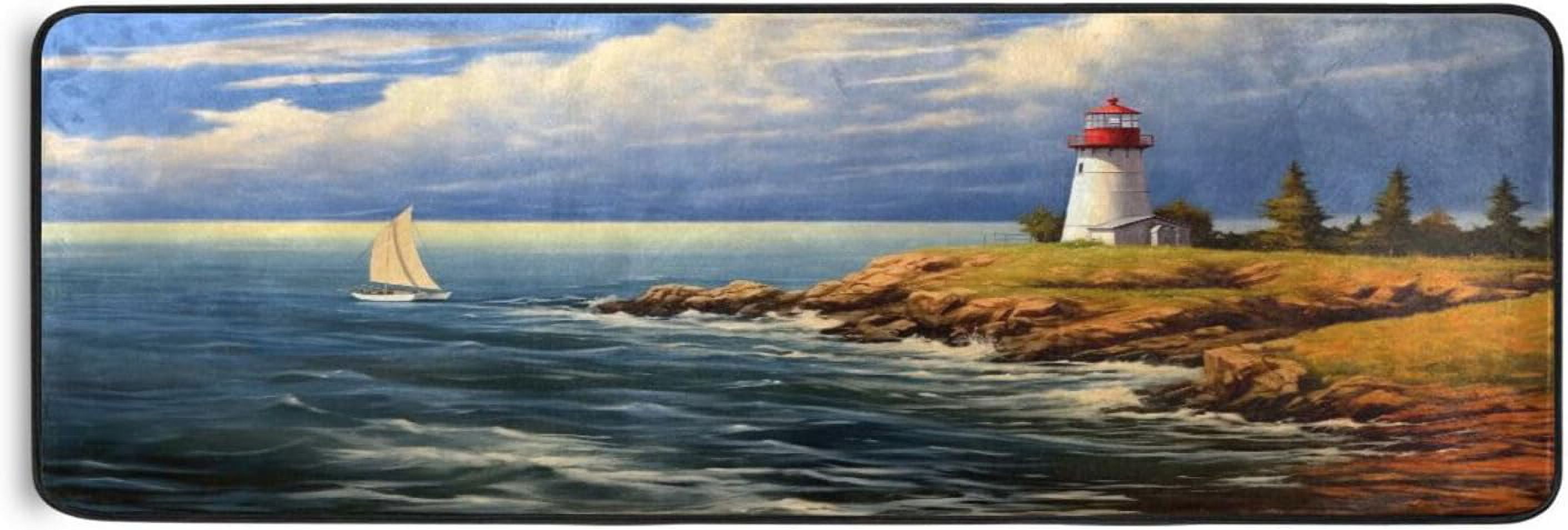 SKYSONIC Lighthouse & Sailing Boat Area Rug 2' x 6' Washable Runner Rugs with Rubber Backing