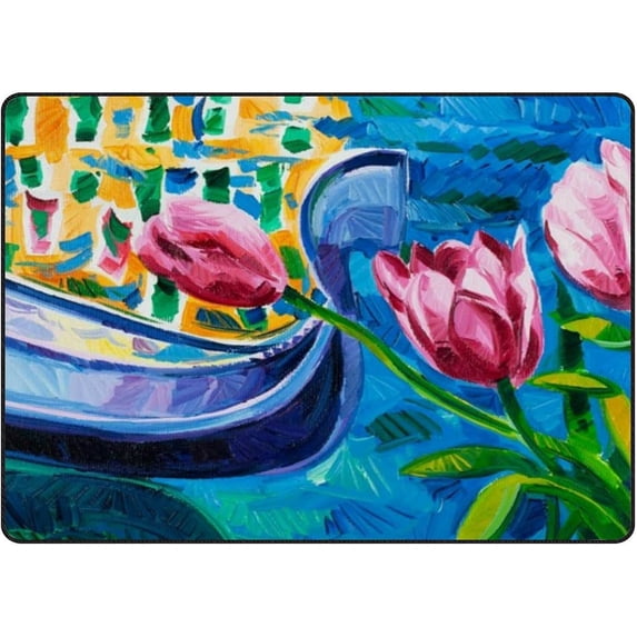 SKYSONIC Lightweight Soft Area Rugs Oil Painting of Beautiful Tulips Floor Mat for Kids Playing Room Hardwood Floor Living Room 63x48 inch Nursery Rugs