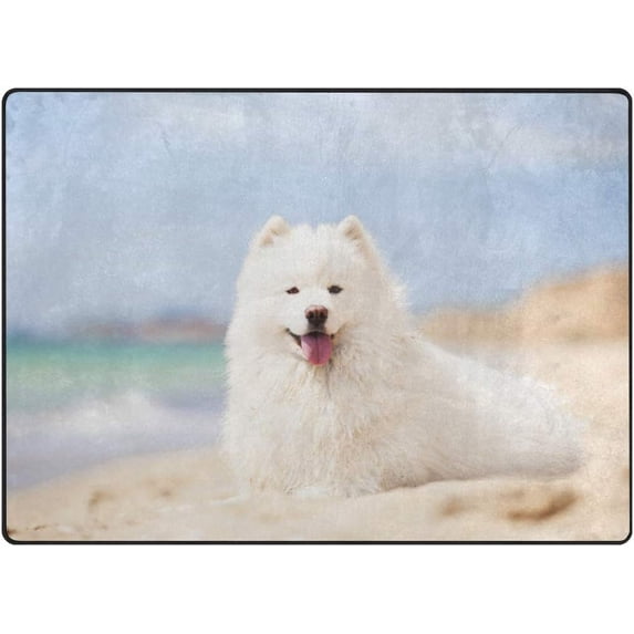 SKYSONIC Lightweight Soft Area Rugs Samoed Dog On Beach Floor Mat for Kids Playing Room Hardwood Floor Living Room 63x48 inch Nursery Rugs