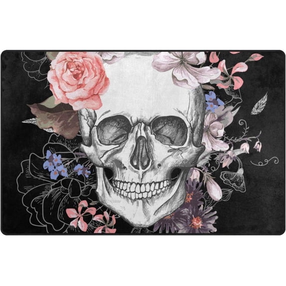 SKYSONIC Lightweight Soft Area Rugs Skull Surroundded by Flowers Floor Mat Doormat for for Rooms Entrance Hardwood Floor Living Room Nursery Rugs, 31x20 inch