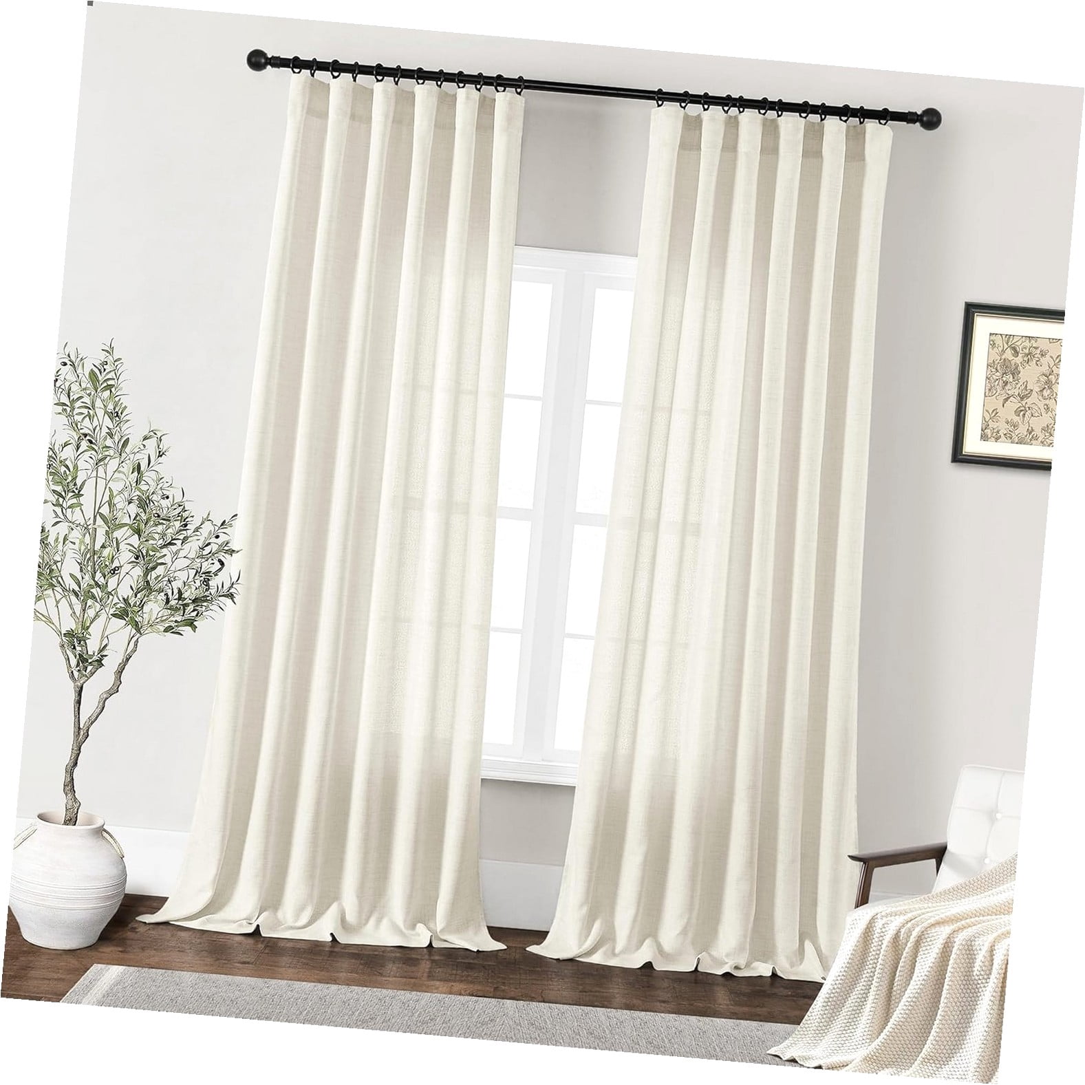 SKYSONIC Linen Curtains 84 Inches Long Room Flax Linen Semi Sheer Rod ...