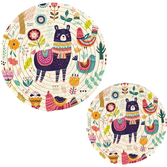 SKYSONIC Llama Flowers Birds Pot Holders Trivets, 2 Pcs Heat Resistant Trivets,Ethnic Design Elements Cotton Thread Weave Mats for Hot Pads Pans Pot Bowl Teapot for Kitchen Decor
