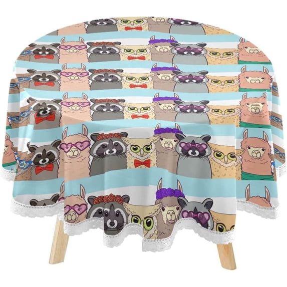 SKYSONIC Llamas Racoons Owls Round Tablecloth 60inch Indoor Wrinkle Free, Cute Summer Animal Circular Lace Table Cover Washable for Kitchen Party BBQ Dining Decor