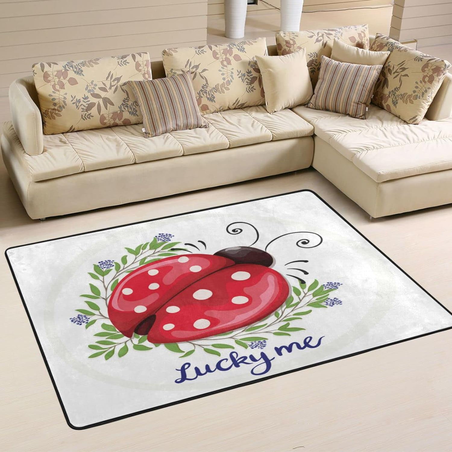 SKYSONIC Lucky Me Quote Area Rug 72x48in Lady Bug Wreath Non-Slip Floor ...