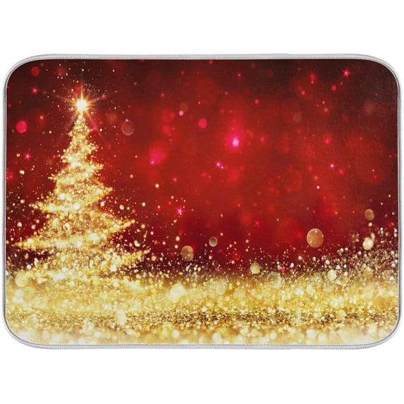 SKYSONIC Magic Golden Tree Christmas Dish Drying Mat 16x18 inch Xmas Tree Winter New Year Drying Pad Dish Drainer Mat Protector for Kitchen Countertops Counter