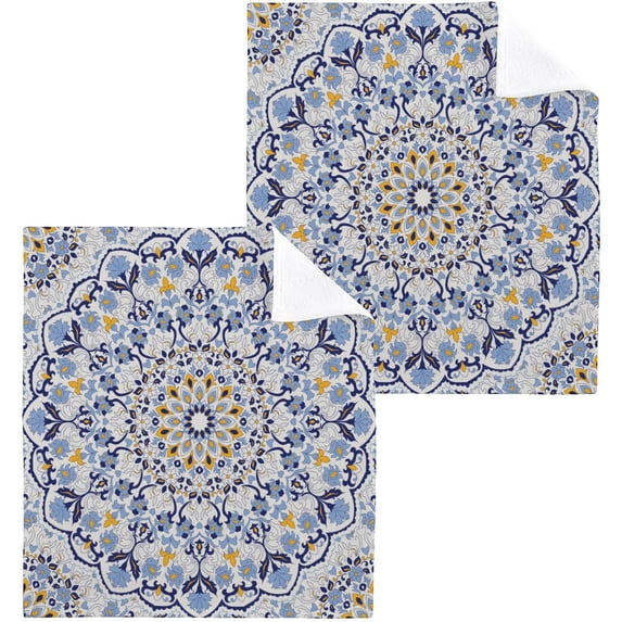 SKYSONIC Mandala Cotton Washcloths Set of 4, Highly Absorbent Soft Fingertip Towel for Bathroom, Gym, Hotel and Spa, 12 x 12 Inch