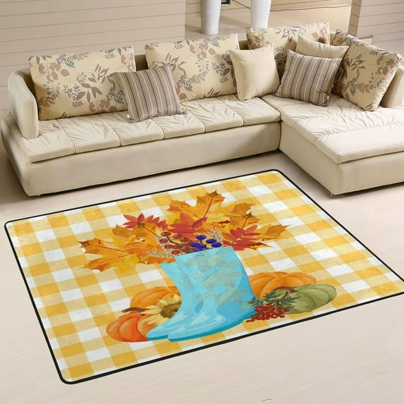 SKYSONIC Maple Leaf Boot Area Rug,72x48in Bright Yellow Grid Non-Slip Floor Carpet Comfort Floor Mats Decor for Indoor Living Dining Room and Bedroom Area