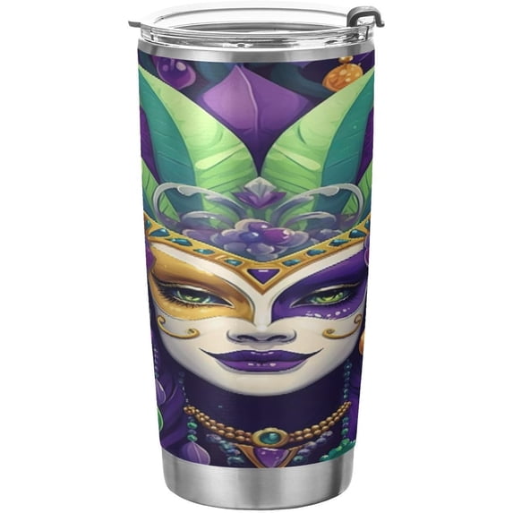 SKYSONIC Mardi Gras Tumbler Stainless Steel Double Wall Vacuum Reusable Insulated Mug with Straw and Built-in Coaste for Cold and Hot Beverages, 12oz
