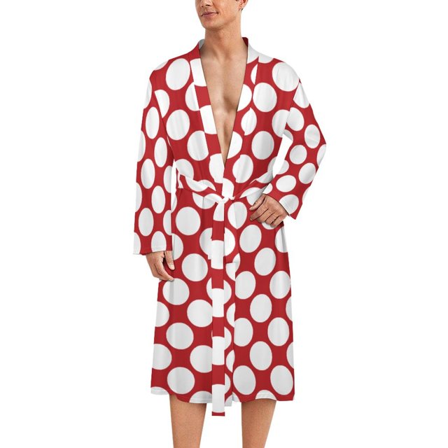 SKYSONIC Mens Robe Lightweight Kimono, White Polka Dots on Red
