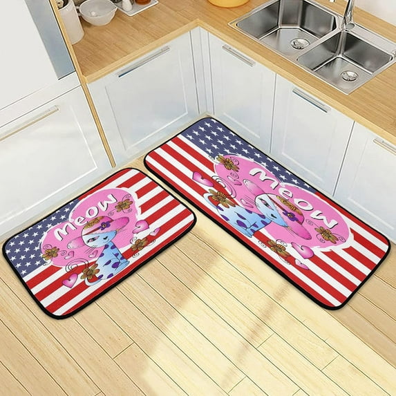 SKYSONIC Meow Cat Love Kitchen Mats and Rugs Floral American Flag Floor Runner Area Rug Washable Carpet Perfect for Living Room Bedroom Entryway,19.7"x27.6"+19.7"x47.2"