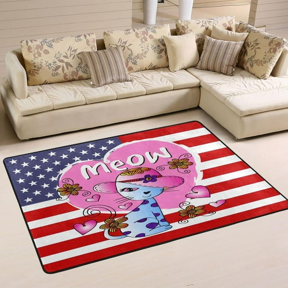 SKYSONIC Meow Cat Love Non-Slip Area Rug, Floral American Flag Floor Carpet Comfort Floor Mats Decor for Indoor Front Porch Living Room Bedroom Kitchen, 36"x24"