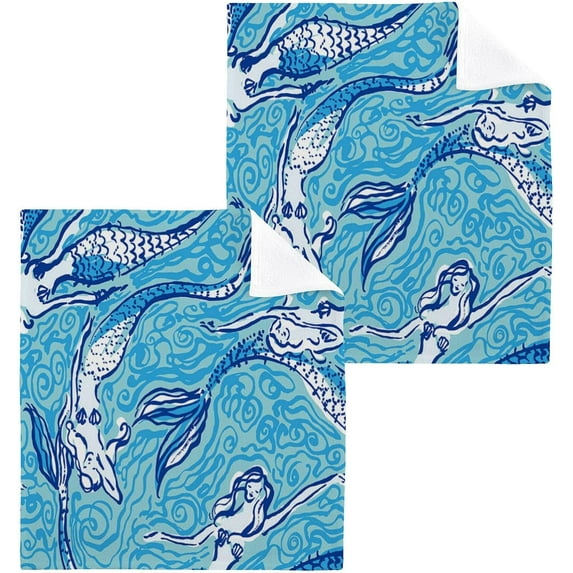 SKYSONIC Mermaid Washcloths Set of 2, Highly Absorbent Soft Cotton Fingertip Towels for Bathroom, Kitchen, Gym, Spa, Home Decor 12 x 12 Inch