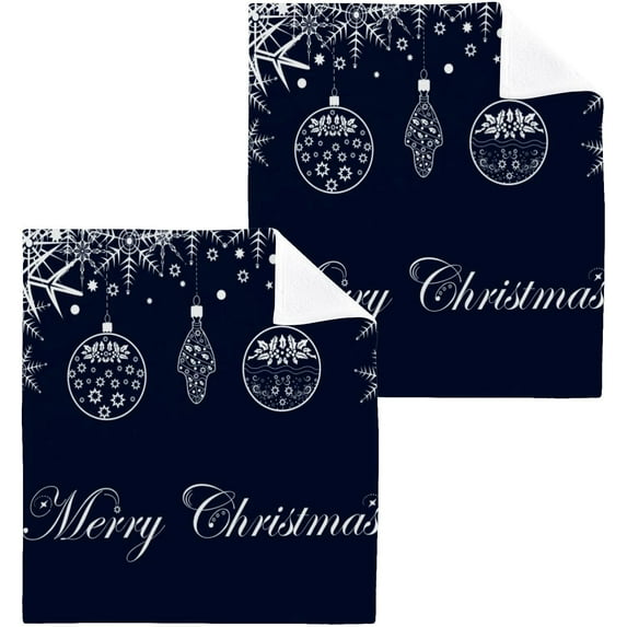 SKYSONIC Merry Christmas Blue Washcloths Set of 2, Highly Absorbent Soft Cotton Fingertip Towels for Bathroom, Kitchen, Gym, Spa, Home Decor, 12 x 12 Inch