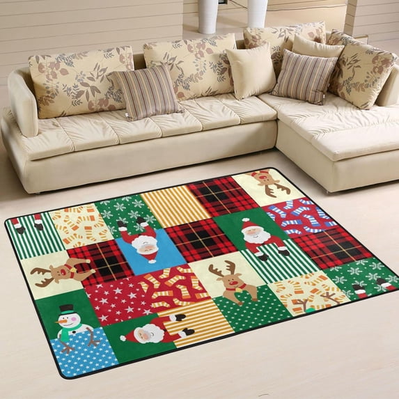 SKYSONIC Merry Christmas Non-Slip Area Rug, Santa Snowman Deer Floor Carpet Comfort Floor Mats Decor for Indoor Front Porch Living Room Bedroom Kitchen, 36"x24"